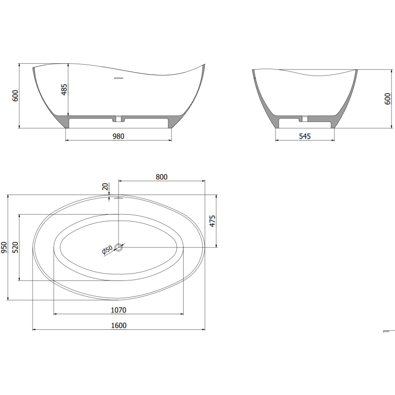 Mexen Parma freistehende Badewanne aus Konglomerat 160 x 95 cm, weiß matt - 57231609500