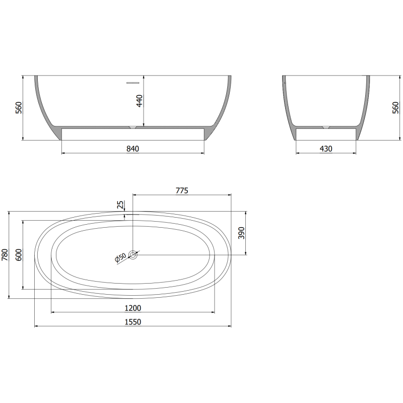 Mexen Torino freistehende Wanne aus Konglomerat 155 x 78 cm, Beton matt - 57271557861