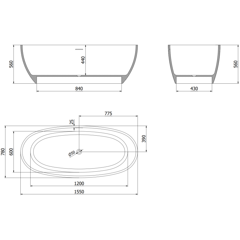 Mexen Torino freistehende Badewanne aus Konglomerat 155 x 78 cm, weiß glänzend - 57271557810