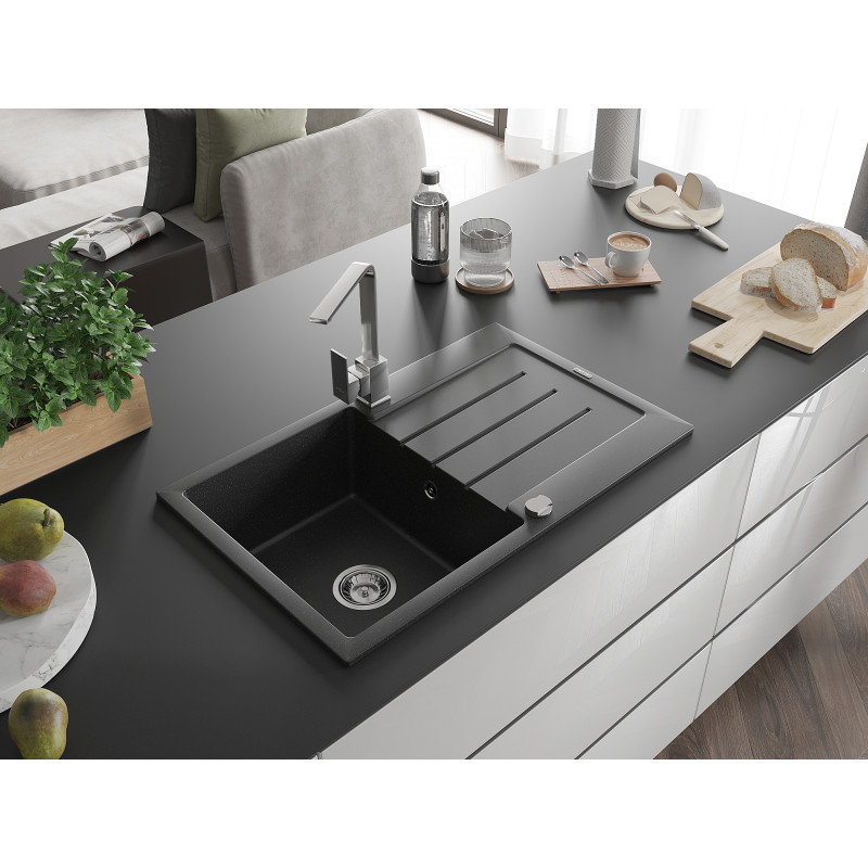 Mexen Bruno Granit-Spüle 1-becken mit Abtropffläche und Küchenarmatur Rita, schwarz/silber metallic - 6513-73-670300-00