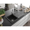 Mexen Bruno Granit-Spüle 1-becken mit Abtropffläche und Küchenarmatur Rita, schwarz/silber metallic - 6513-73-670300-00