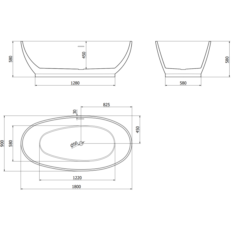 Mexen Bilbao freistehende Badewanne 180 x 90 cm, weiß, Überlauf gebürstetes Nickel - 51311809000-97