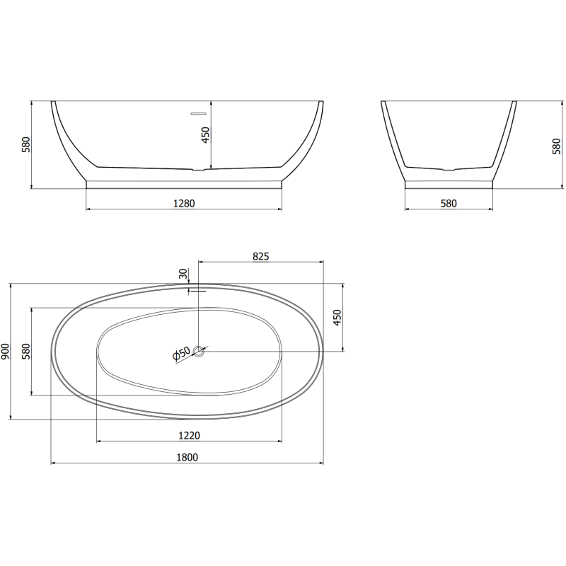 Mexen Bilbao freistehende Badewanne 180 x 90 cm, weiß/schwarz, schwarzer Überlauf - 51311809075-70