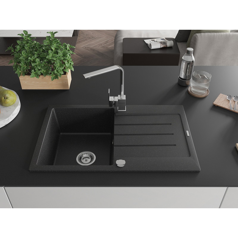 Mexen Bruno Granitspüle 1-Becken mit Abtropffläche und Küchenarmatur Rita, schwarz/silber metallic - 6513-73-670300-00