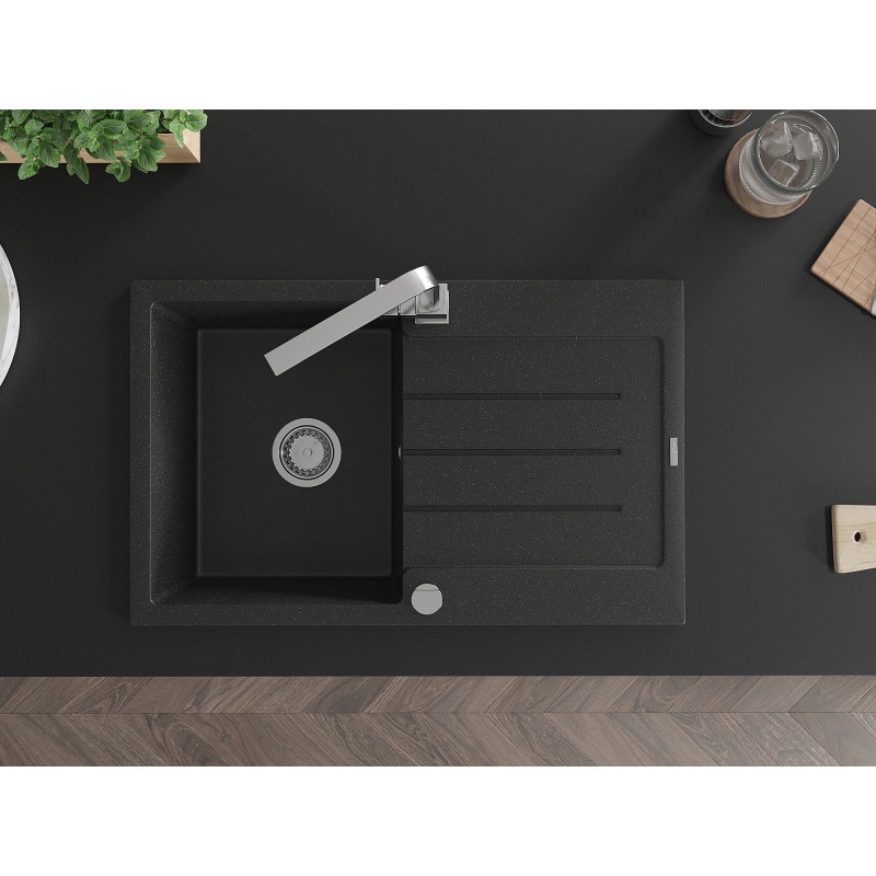 Mexen Bruno Granitspüle 1-Becken mit Abtropffläche und Küchenarmatur Rita, schwarz/silber metallic - 6513-73-670300-00