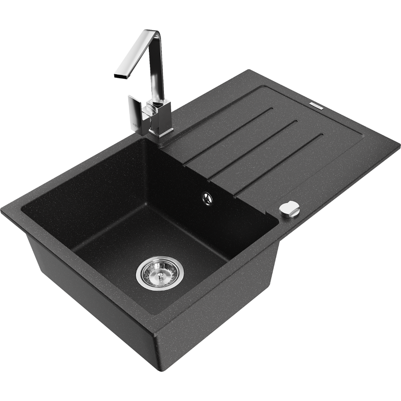Mexen Bruno Granit-Spüle 1-becken mit Abtropffläche und Küchenarmatur Rita, schwarz/silber metallic - 6513-73-670300-00