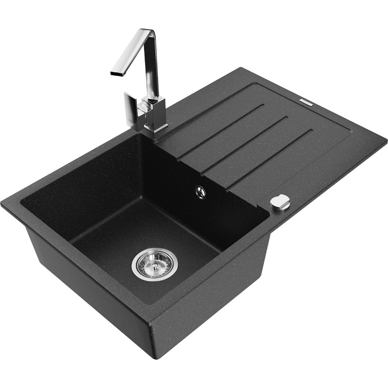 Mexen Bruno Granitspüle 1-Becken mit Abtropffläche und Küchenarmatur Rita, schwarz/silber metallic - 6513-73-670300-00