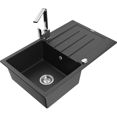 Mexen Bruno Granit-Spüle 1-becken mit Abtropffläche und Küchenarmatur Rita, schwarz/silber metallic - 6513-73-670300-00