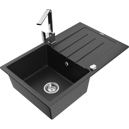 Mexen Bruno Granitspüle 1-Becken mit Abtropffläche und Küchenarmatur Rita, schwarz/silber metallic - 6513-73-670300-00