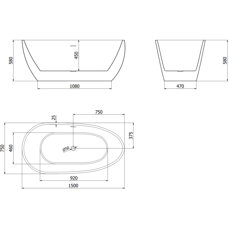 Mexen Eos freistehende Badewanne 150 x 75 cm, weiß/schwarz, schwarze Überlauf - 52471507575-70