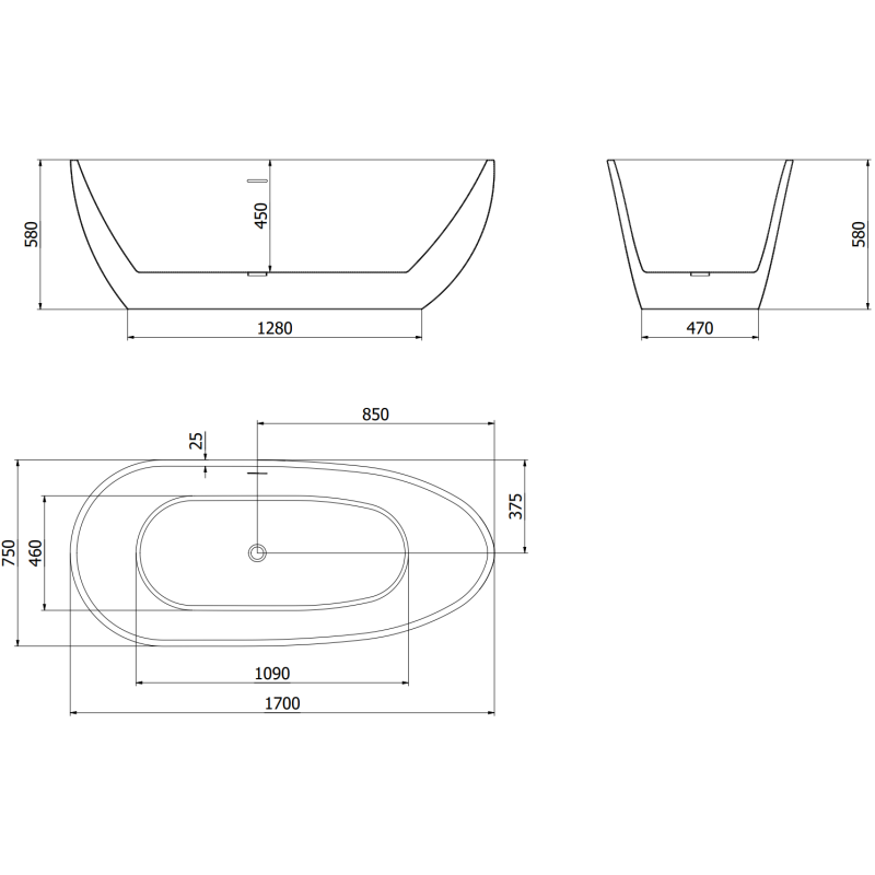 Mexen Eos freistehende Badewanne 170 x 75 cm, weiß, Überlauf schwarz - 52471707500-70