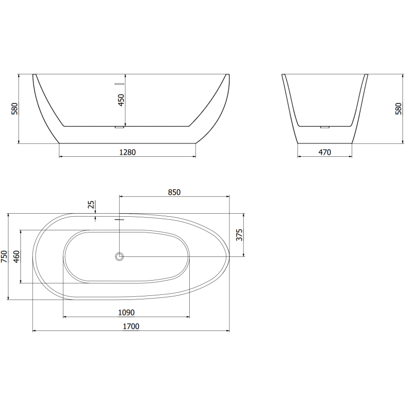 Mexen Eos freistehende Badewanne 170 x 75 cm, weiß/schwarz, Überlauf weiß - 52471707575-20