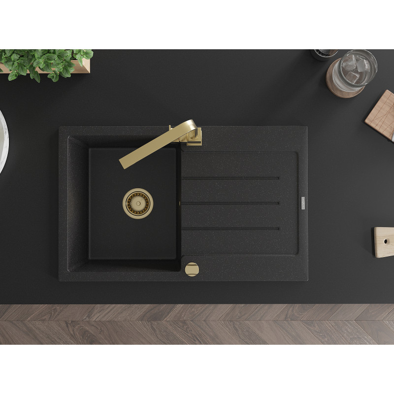 Mexen Bruno Granitspüle, 1 Becken mit Abtropffläche und Küchenarmatur Rita, schwarz/silber metallic - 6513-73-670300-50