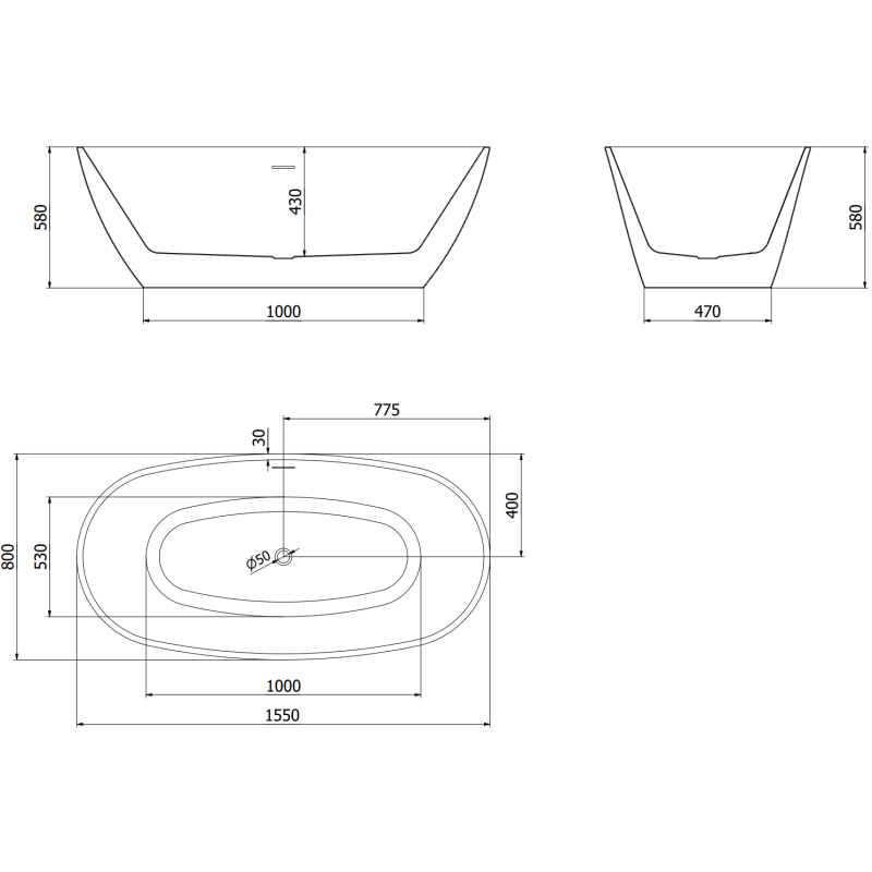 Mexen Eris freistehende Badewanne 155 x 80 cm, weiß/schwarz, Überlauf gebürstetes Kupfer - 53441558075-65