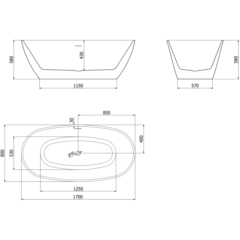 Mexen Eris freistehende Badewanne 170 x 80 cm, schwarz, Überlauf gebürstet gun gray - 53441708070-66