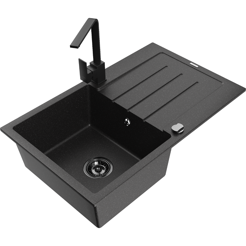 Mexen Bruno Granitspüle 1-Becken mit Abtropffläche und Küchenarmatur Rita, schwarz/silber metallic - 6513-73-670300-70-B