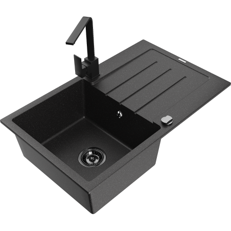 Mexen Bruno Granitspüle 1-Becken mit Abtropffläche und Küchenarmatur Rita, schwarz/silber metallic - 6513-73-670300-70-B