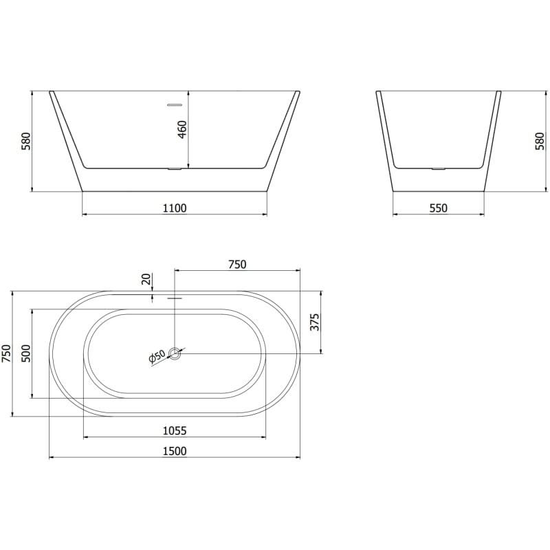 Mexen Flavia freistehende Badewanne 150 x 75 cm, weiß, schwarzer Überlauf - 54031507500-B
