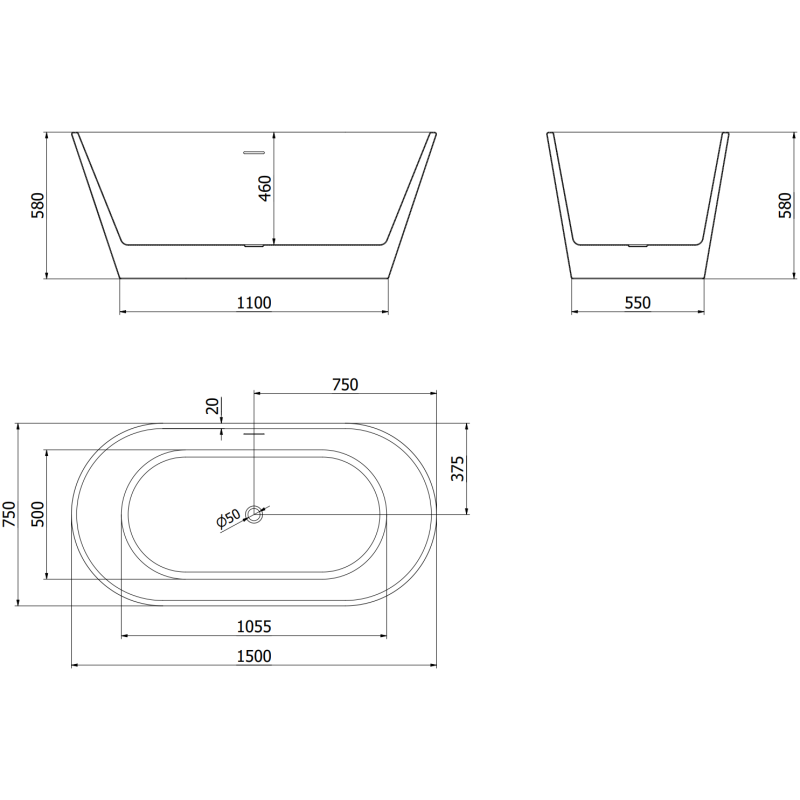 Mexen Flavia freistehende Badewanne 150 x 75 cm, weiß/schwarz, schwarzer Überlauf - 54031507575-70