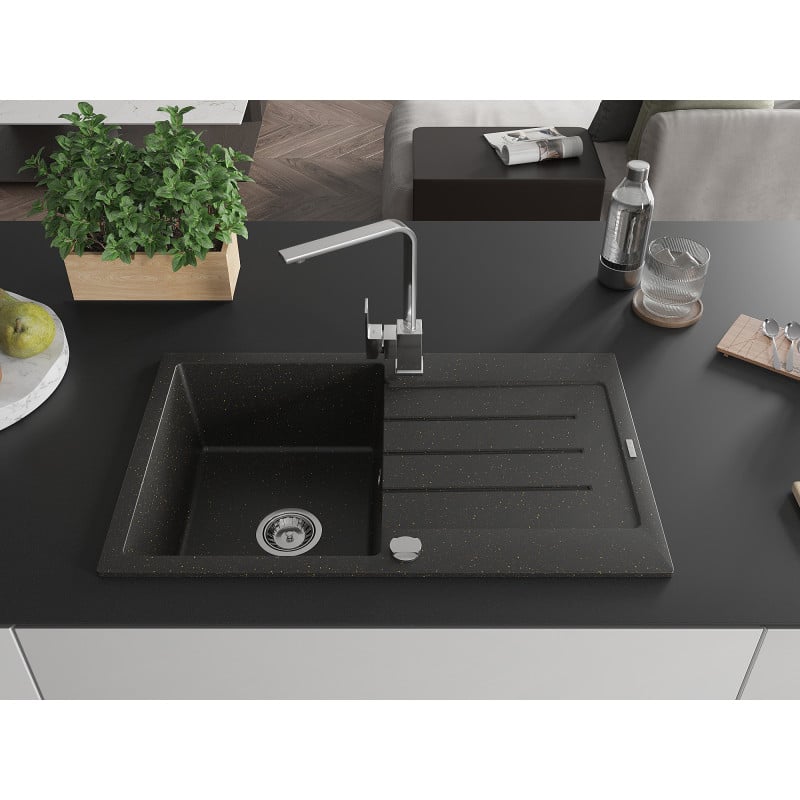Mexen Bruno Granitspüle 1-Becken mit Abtropffläche und Küchenarmatur Rita, schwarz/gold metallic - 6513-75-670300-00