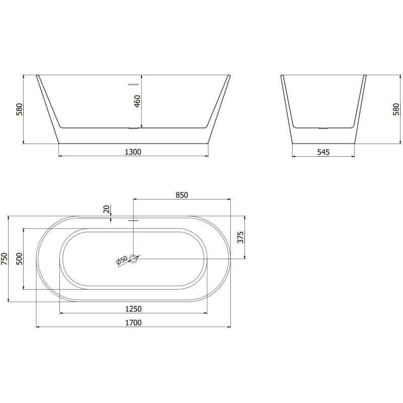 Mexen Flavia freistehende Badewanne 170 x 75 cm, weiß, Überlauf Gun Gray gebürstet - 54031708000-66