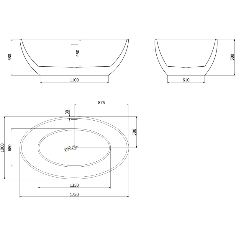 Mexen Nike freistehende Badewanne 175 x 100 cm, weiß, Überlauf gold gebürstet - 54071751000-55