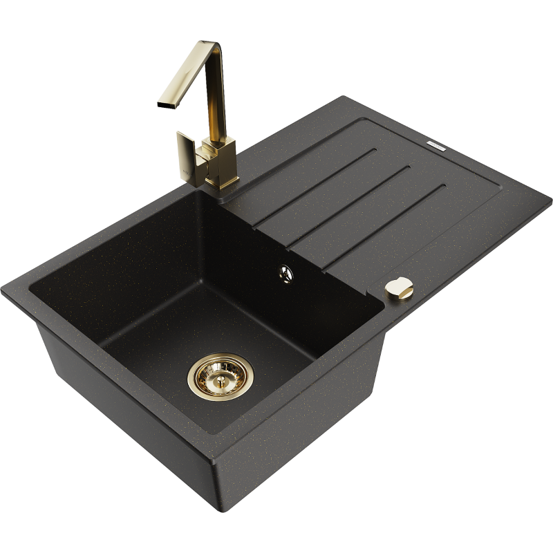 Mexen Bruno Granitspüle 1-Becken mit Abtropffläche und Küchenarmatur Rita, schwarz/gold metallic - 6513-75-670300-50