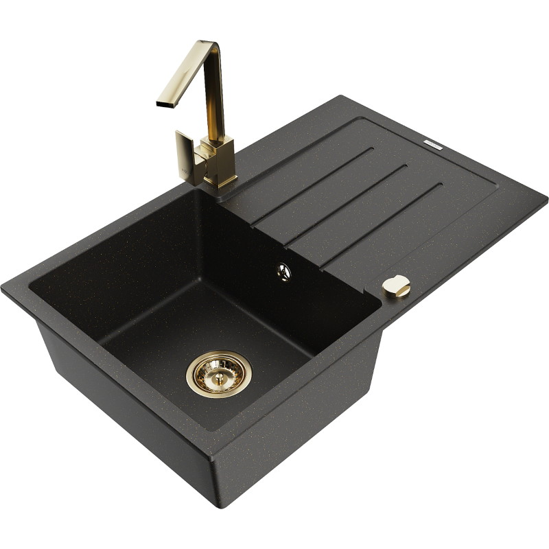 Mexen Bruno Granitspüle 1-Becken mit Abtropffläche und Küchenarmatur Rita, schwarz/goldener Metallik - 6513-75-670300-50