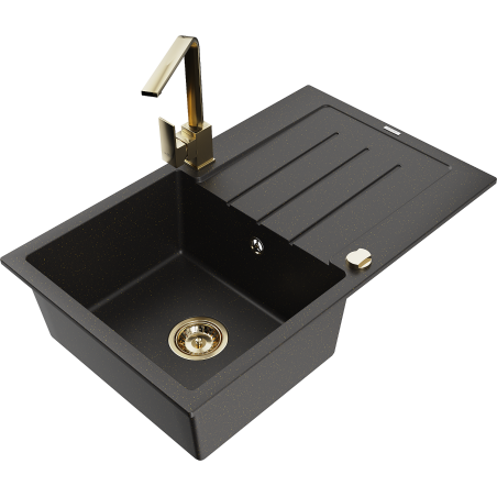Mexen Bruno Granitspüle 1-Becken mit Abtropffläche und Küchenarmatur Rita, schwarz/gold metallic - 6513-75-670300-50