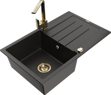 Mexen Bruno Granitspüle 1-Becken mit Abtropffläche und Küchenarmatur Rita, schwarz/gold metallic - 6513-75-670300-50