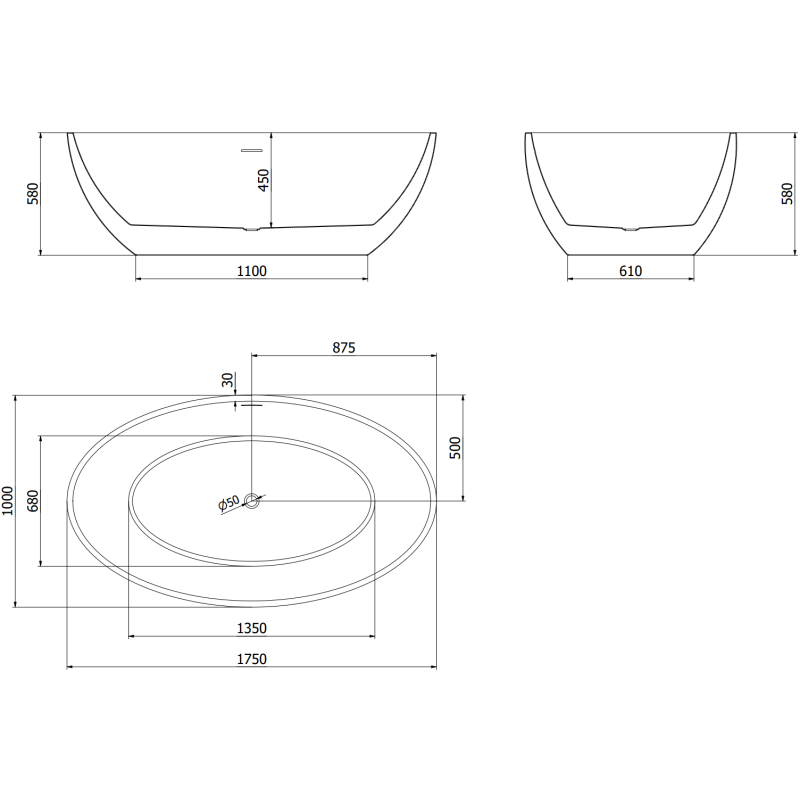 Mexen Nike freistehende Badewanne 175 x 100 cm, weiß/schwarz, Überlauf gold gebürstet - 54071751075-55