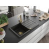 Mexen Bruno Granitspüle 1-Becken mit Abtropffläche und Küchenarmatur Rita, schwarz/gold metallic - 6513-75-670300-50