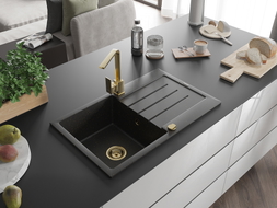 Mexen Bruno Granitspüle 1-Becken mit Abtropffläche und Küchenarmatur Rita, schwarz/gold metallic - 6513-75-670300-50