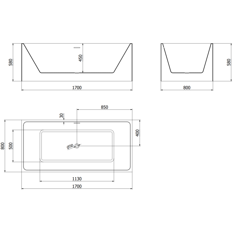 Mexen Nita freistehende Badewanne 170 x 80 cm, weiß, Überlauf gebürsteter Nickel - 52091708000-97