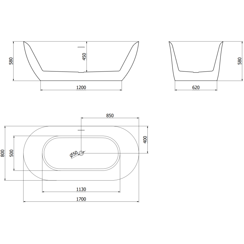 Mexen Roxy freistehende Badewanne 170 x 80 cm, weiß, Überlauf gebürstetes Nickel - 51201708000-97