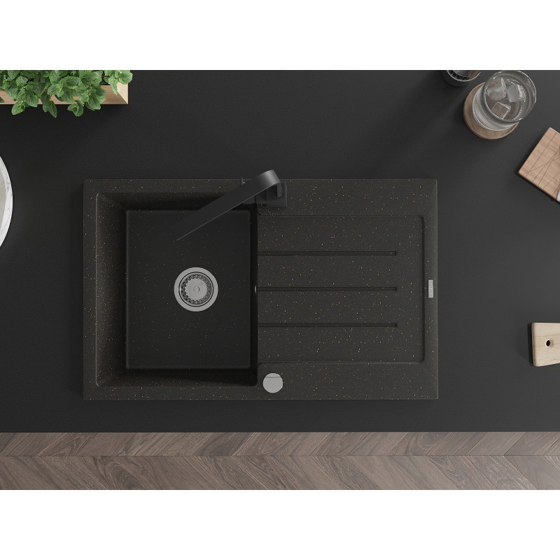 Mexen Bruno Granitspüle 1-beckig mit Abtropffläche und Küchenarmatur Rita, schwarz/silber Metallic - 6513-73-670300-70