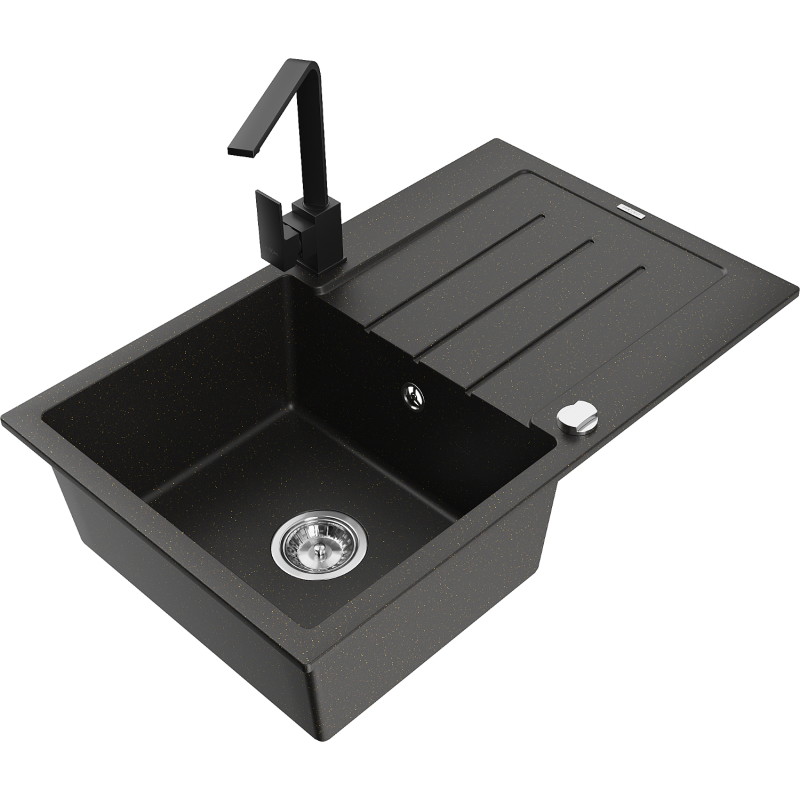 Mexen Bruno Granitspüle 1-Becken mit Abtropffläche und Küchenarmatur Rita, Schwarz/Silber-Metallic - 6513-73-670300-70
