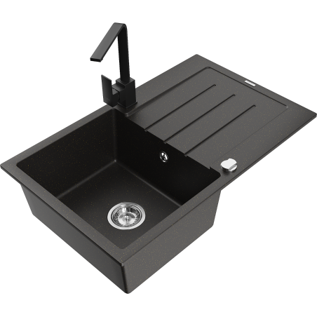 Mexen Bruno Granitspüle 1-Becken mit Abtropffläche und Küchenarmatur Rita, Schwarz/Silber-Metallic - 6513-73-670300-70