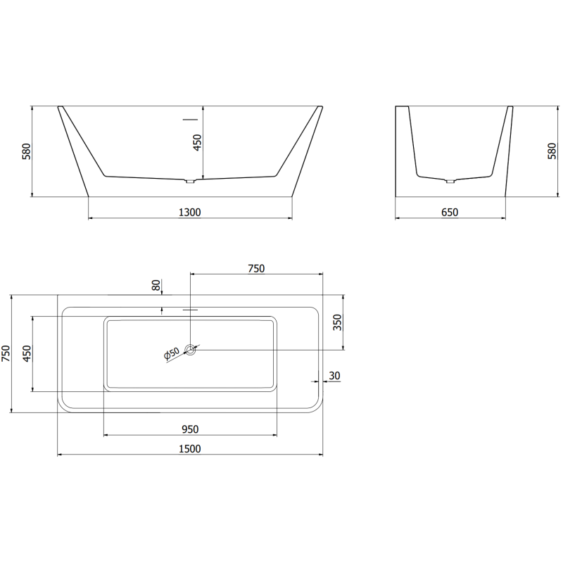 Mexen Volta freistehende Wandwanne 150 x 75 cm, weiß/schwarz, Überlauf gold - 51131507575-50