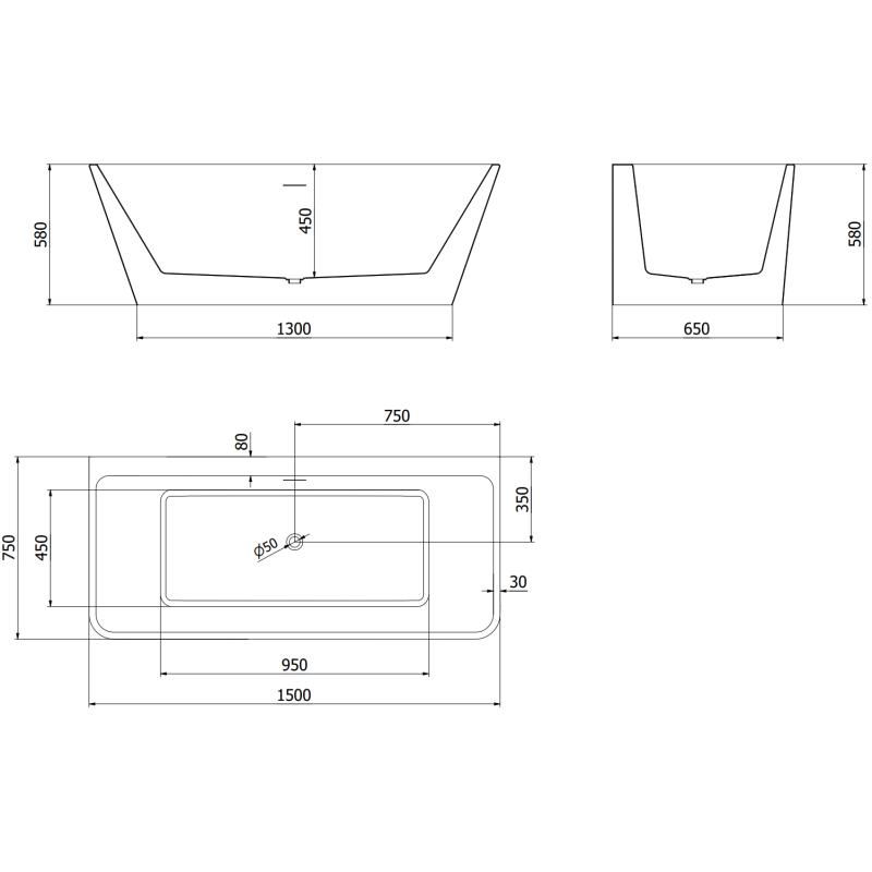 Mexen Volta freistehende, wandstehende Badewanne 150 x 75 cm, weiß/schwarz, Überlauf Roségold - 51131507575-60