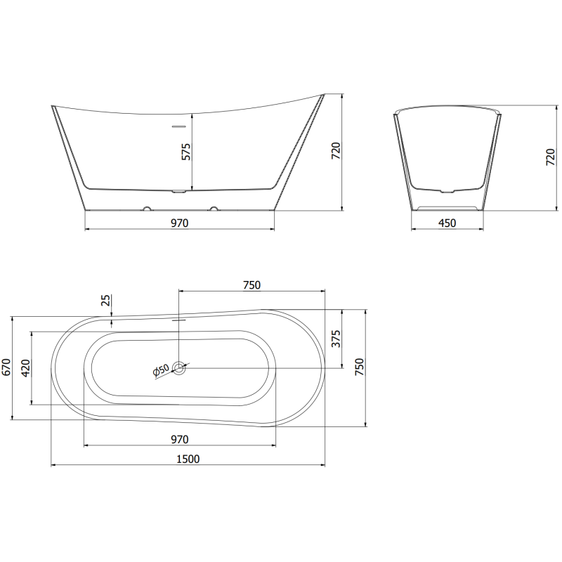 Mexen Dora freistehende Badewanne 150 x 75 cm, weiß/schwarz, Überlauf gold - 52071507575-50