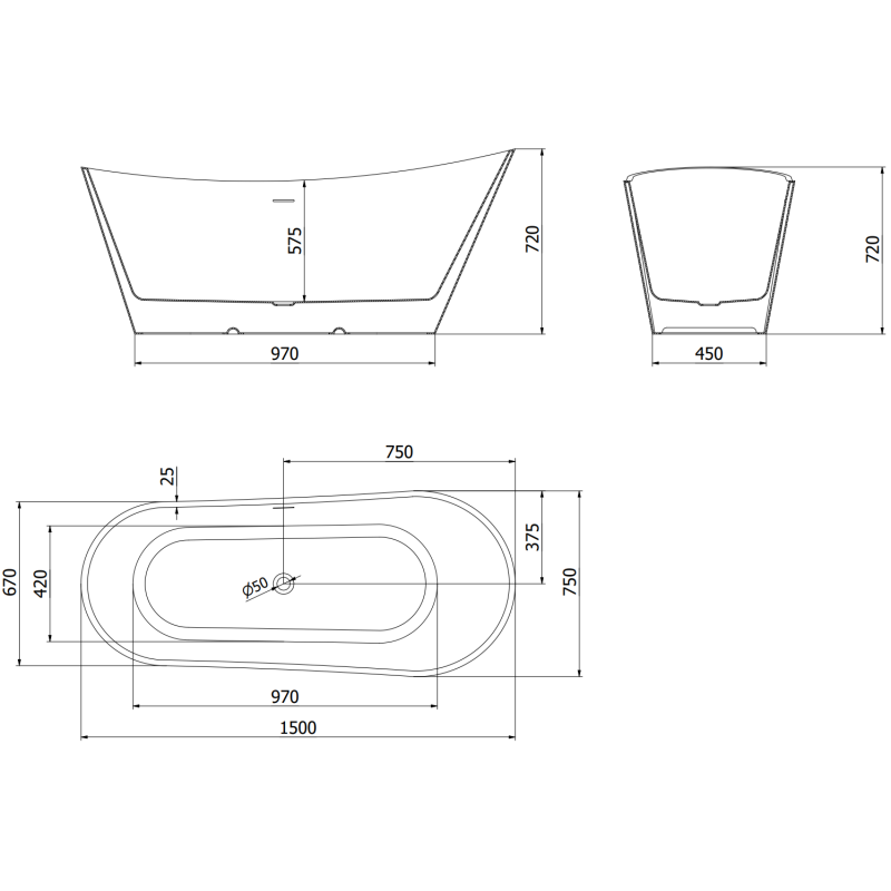 Mexen Dora freistehende Badewanne 150 x 75 cm, weiß/schwarz, Überlauf aus gebürstetem Kupfer - 52071507575-65