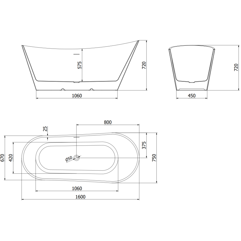Mexen Dora freistehende Badewanne 160 x 75 cm, weiß, Überlauf gun gray gebürstet - 52071607500-66