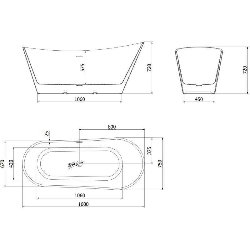 Mexen Dora freistehende Badewanne 160 x 75 cm, weiß, Überlauf gun metal - 52071607500-95