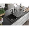 Mexen Bruno Granitspüle 1-becken mit Abtropffläche und Küchenarmatur Rita, Schwarz/Gold Metallic - 6513-75-670300-70