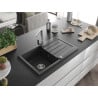 Mexen Bruno 1-Becken Granitspüle mit Abtropffläche und Küchenarmatur Rita, schwarz gesprenkelt - 6513-76-670300-00