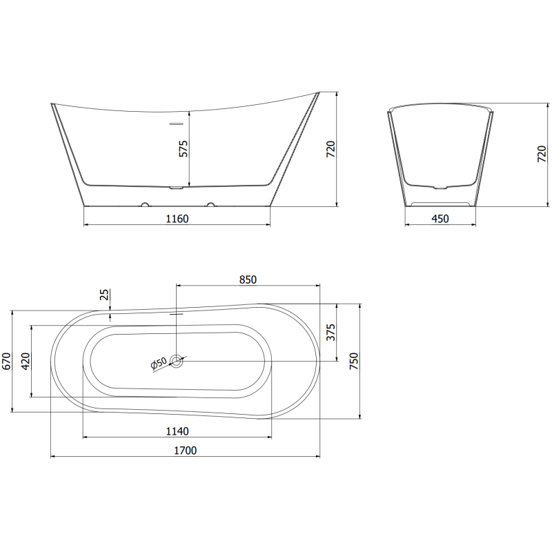 Mexen Dora freistehende Badewanne 170 x 75 cm, weiß, Überlauf gun gray gebürstet - 52071707500-66