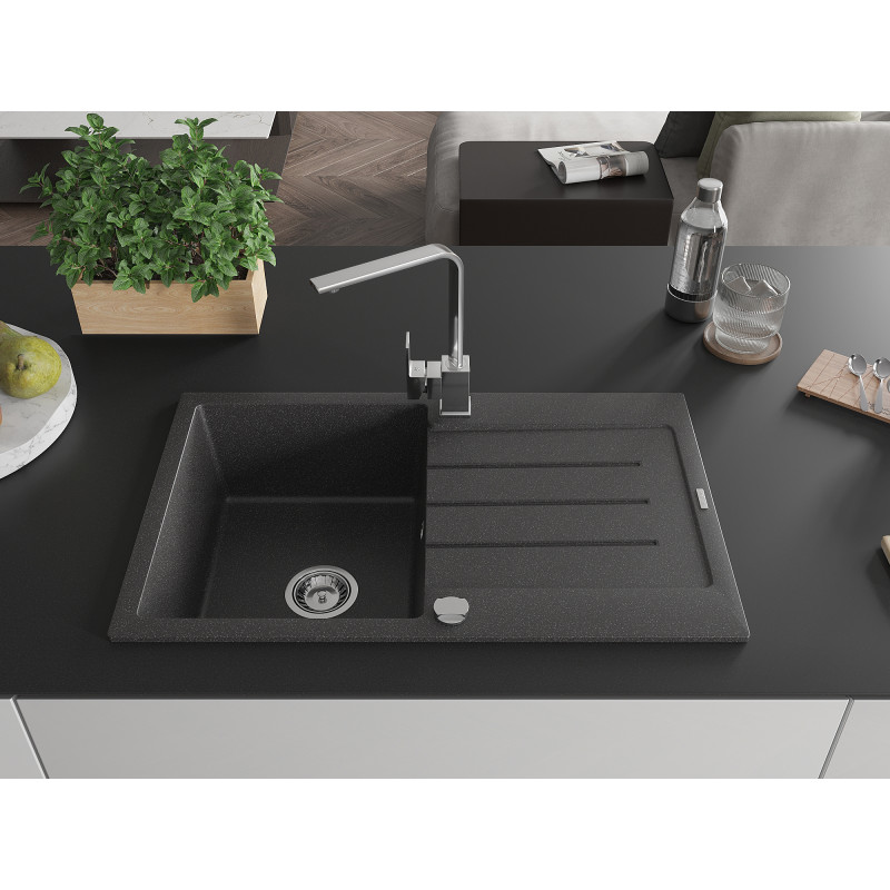 Mexen Bruno 1-Becken Granitspüle mit Abtropffläche und Küchenarmatur Rita, schwarz gesprenkelt - 6513-76-670300-00