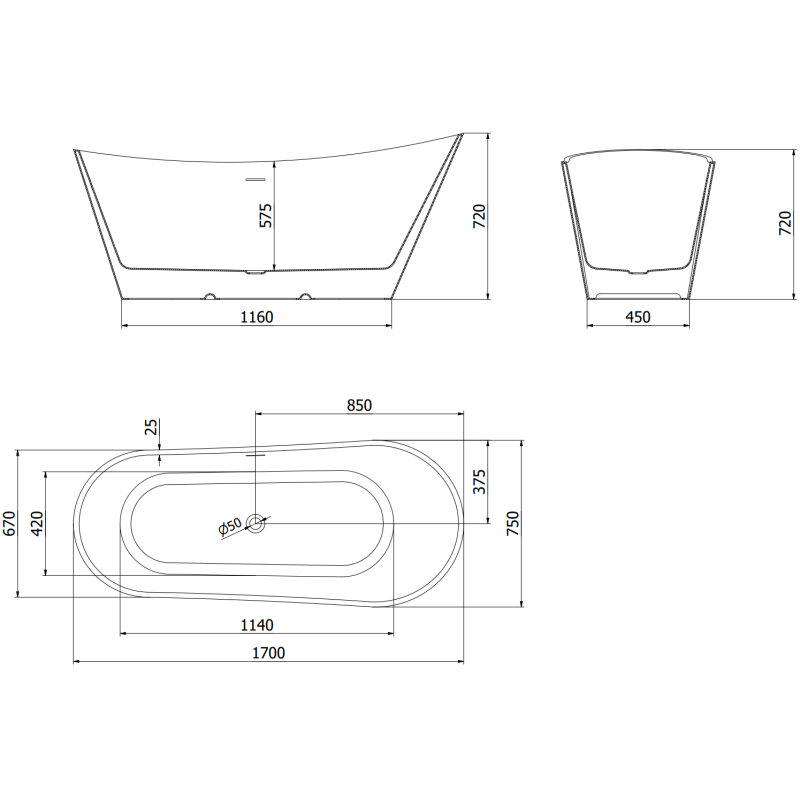 Mexen Dora freistehende Badewanne 170 x 75 cm, weiß/schwarz, Überlauf chrom - 52071707575-01