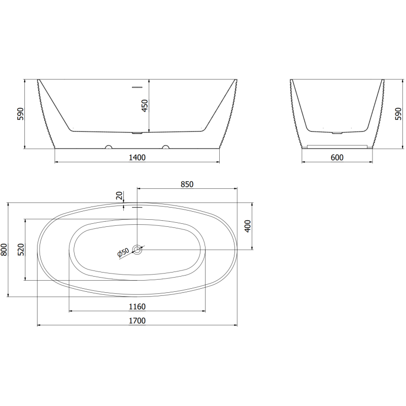 Mexen Lira freistehende Badewanne Modell 170 x 80 cm, weiß/schwarz, Überlauf gold - 52831708075-50